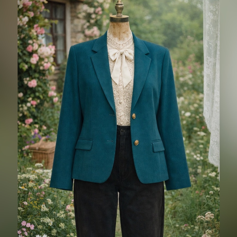 Vintage 1990s Evan-Picone Teal & Brass Colour Button Blazer